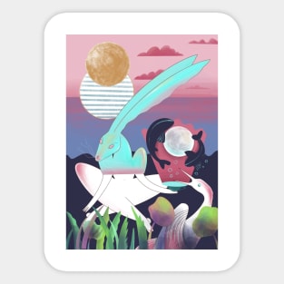 White rabbit meditates in the evening Sticker